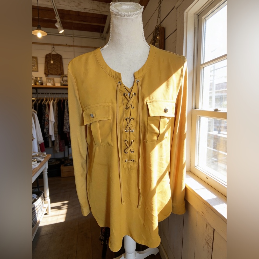 Nygard lace up blouse long roll up tab sleeve MEDIUM marigold pockets spandex - Picture 3 of 16